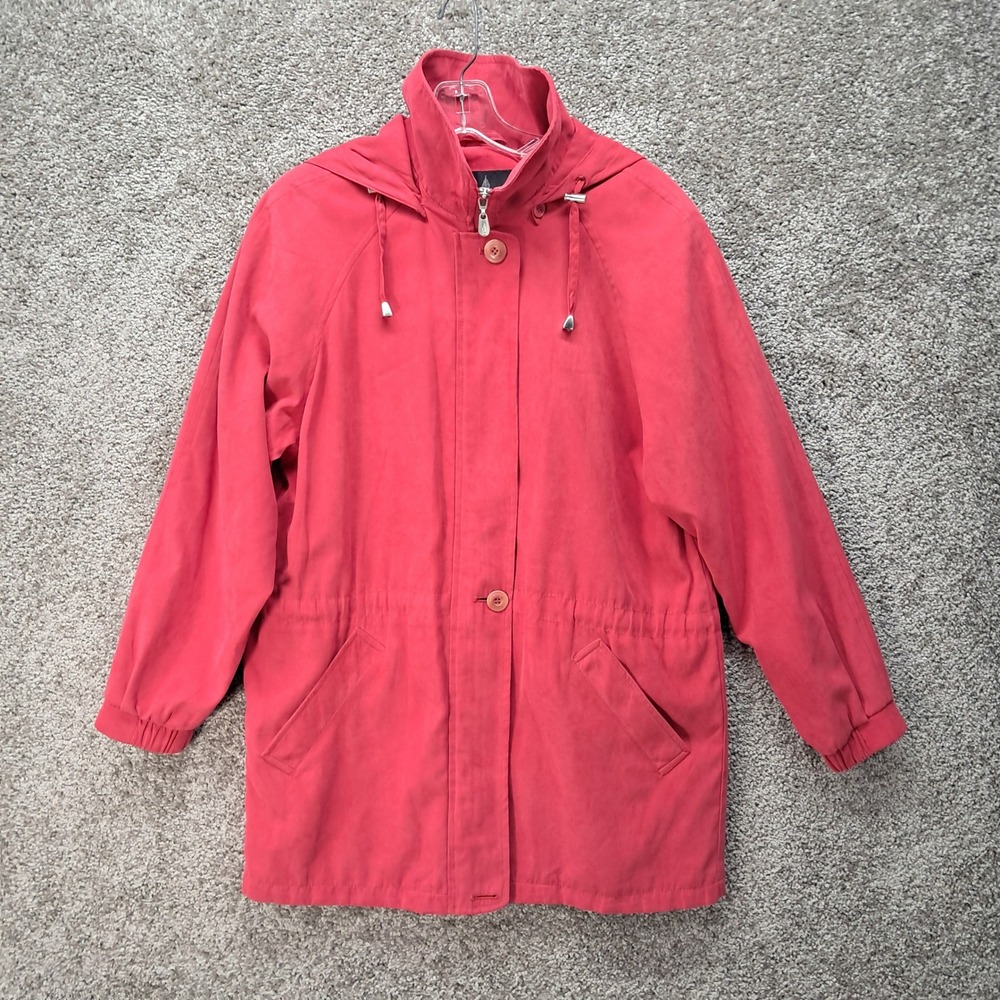 London Fog Womens Coral Red Hooded Parka Jacket Drawstring Waist Size S Small